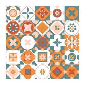 May include: A square grid of twenty-five decorative tiles featuring a repeating pattern of geometric shapes and floral motifs in shades of burnt orange, teal, and cream. Each tile displays a unique arrangement of circles, diamonds, and petals.