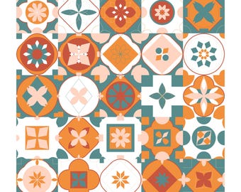 Papel Digital Azulejos Mediterraneos Terracota y Verde Azulado | 25 Patrones Sin Costura PNG SVG 12x12 | Uso Comercial