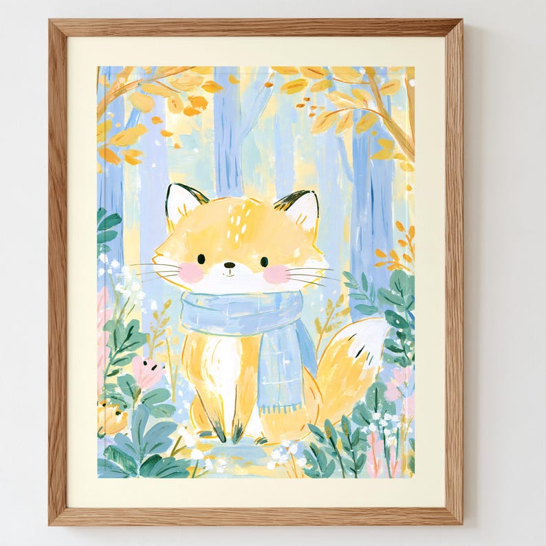 Peut inclure: Une impression d'art encadr&eacute;e repr&eacute;sentant un renard orange stylis&eacute; aux joues roses portant une &eacute;charpe bleu clair. Le renard est plac&eacute; dans un d&eacute;cor de for&ecirc;t avec des troncs d'arbres bleu clair, des feuilles d'automne jaunes et du feuillage vert.