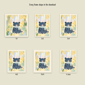 Peut inclure: Six impressions d'art num&eacute;rique repr&eacute;sentant un ours bleu fonc&eacute; portant une &eacute;charpe bleu clair dans une for&ecirc;t jaune et bleue. Le texte "Every frame shape in the download" figure en haut, avec les &eacute;tiquettes 1x1, 2x3, 3x4, 4x5, 11x14 et A sizes en dessous.