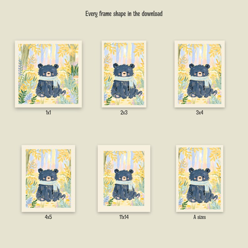 Peut inclure: Six impressions d'art num&eacute;rique repr&eacute;sentant un ours bleu fonc&eacute; portant une &eacute;charpe bleu clair dans une for&ecirc;t jaune et bleue. Le texte "Every frame shape in the download" figure en haut, avec les &eacute;tiquettes 1x1, 2x3, 3x4, 4x5, 11x14 et A sizes en dessous.