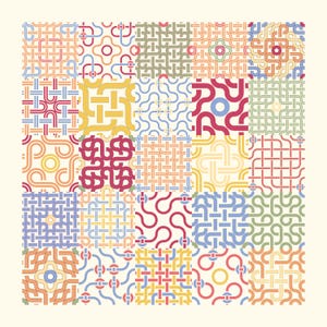 Op de afbeelding: Een vierkant raster bestaande uit vijfentwintig individuele tegels, elk met een eigen geometrisch patroon van in elkaar grijpende lijnen en lussen. Het ontwerp maakt gebruik van een palet van rood, geel, blauw, groen en crèmekleuren.