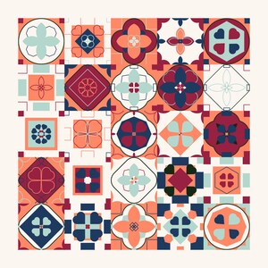 May include: A square grid of decorative tiles featuring a repeating pattern of geometric shapes and floral motifs in a color palette of coral, navy blue, cream, and light mint green. Each individual tile displays distinct symmetrical designs.
