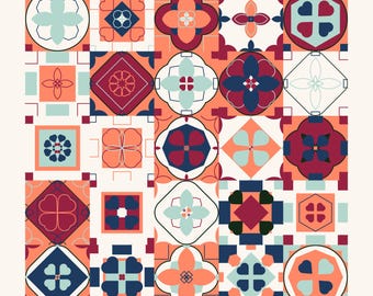 Patrones de Azulejos Españoles | Paquete de Papel Digital Coral y Azul Marino (Uso Comercial, 25 PNG SVG)