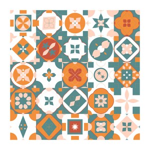 May include: A square grid pattern featuring twenty-five individual tiles with geometric and floral motifs in shades of burnt orange, teal, white, and pale pink. Each tile displays unique symmetrical shapes, including circles, diamonds, and crosses.