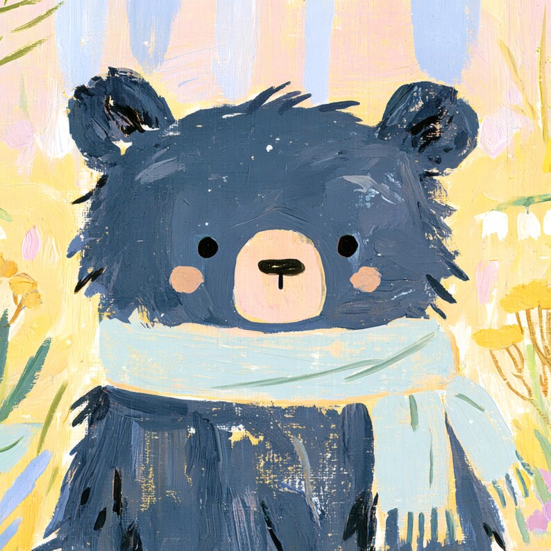 Peut inclure: Une peinture &agrave; l'huile repr&eacute;sentant un ours bleu fonc&eacute; portant une &eacute;charpe bleu clair autour du cou. L'ours a un museau beige clair, de petits yeux noirs et des joues roses. Le fond pr&eacute;sente un paysage floral abstrait jaune et bleu clair.