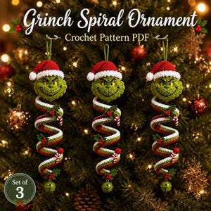 May include: Three crochet Grinch spiral ornaments with red and white Santa hats, green faces, and spiraling red, white, and green bodies decorated with holly leaves, berries, and candy canes, ending in a small green bell. Text reads Grinch Spiral Ornament Crochet Pattern PDF and Set of 3.