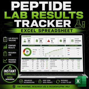 May include: A digital Peptide Lab Results Tracker Excel spreadsheet displayed on a laptop screen. The dashboard features data visualizations, including a pie chart, a trend line graph, and tables tracking biomarkers like testosterone and cortisol.