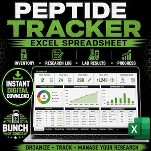 Op de afbeelding: Een digitaal Excel-spreadsheet voor het bijhouden van peptiden, weergegeven op een laptopscherm. De interface bevat een dashboard met inventaris, onderzoekslogboeken, laboratoriumresultaten en voortgangsgrafieken. Tekst: PEPTIDE TRACKER, EXCEL SPREADSHEET.