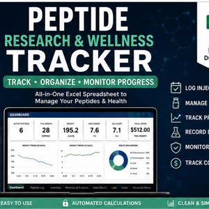 Puede incluir: Una hoja de cálculo digital de Excel Peptide Research & Wellness Tracker mostrada en una computadora portátil y un teléfono inteligente. La interfaz presenta un panel con datos sobre entradas de péptidos, peso, energía, sueño y costos.