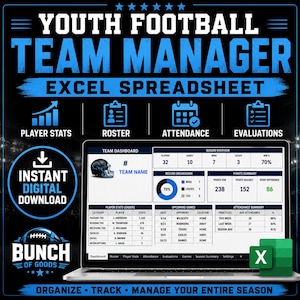 May include: A digital youth football team manager Excel spreadsheet template displayed on a laptop screen. The interface features a team dashboard with player stats, roster, attendance, and evaluation sections, plus an instant digital download icon.
