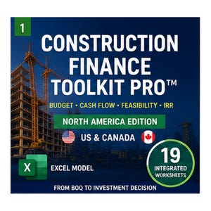 May include: A digital graphic for the Construction Finance Toolkit Pro Excel model, featuring a construction site background, the text "North America Edition US & Canada," and a badge indicating 19 integrated worksheets for financial analysis.