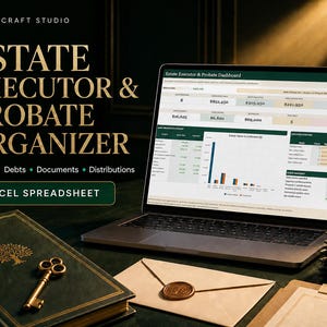 May include: A laptop displaying an Estate Executor & Probate Dashboard Excel spreadsheet, next to a dark green book with a gold tree emblem, a brass key, and a sealed envelope with a wax seal, all set against a dark background with text.