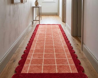 Tappeto in lana trapuntato a mano, tappeto con bordo smerlato rosso, tappeto a griglia color pesca, tappeto geometrico moderno, arredamento contemporaneo per la casa.