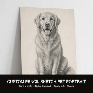 Könnte beinhalten: Eine detaillierte Bleistiftzeichnung eines Golden Retrievers, der in einer frontalen Position sitzt, mit geöffnetem Maul und sichtbarer Zunge. Das Kunstwerk ist in Grautönen auf einem hellbeigen Hintergrund gehalten und fängt die Fellstruktur ein.