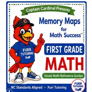 May include: A rectangular educational poster titled Captain Cardinal Presents Memory Maps for Math Success. It features a red cardinal mascot wearing a black cap, blue shirt with Furr Tutoring text, and blue sneakers, pointing upward next to First Grade Math text.