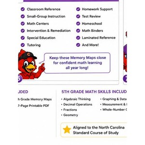 May include: An educational graphic featuring a red cardinal mascot wearing a black cap. The text lists uses like Classroom Reference, Homework Support, and Math Centers. It includes 5th Grade Math Skills such as Algebraic Thinking and Geometry.