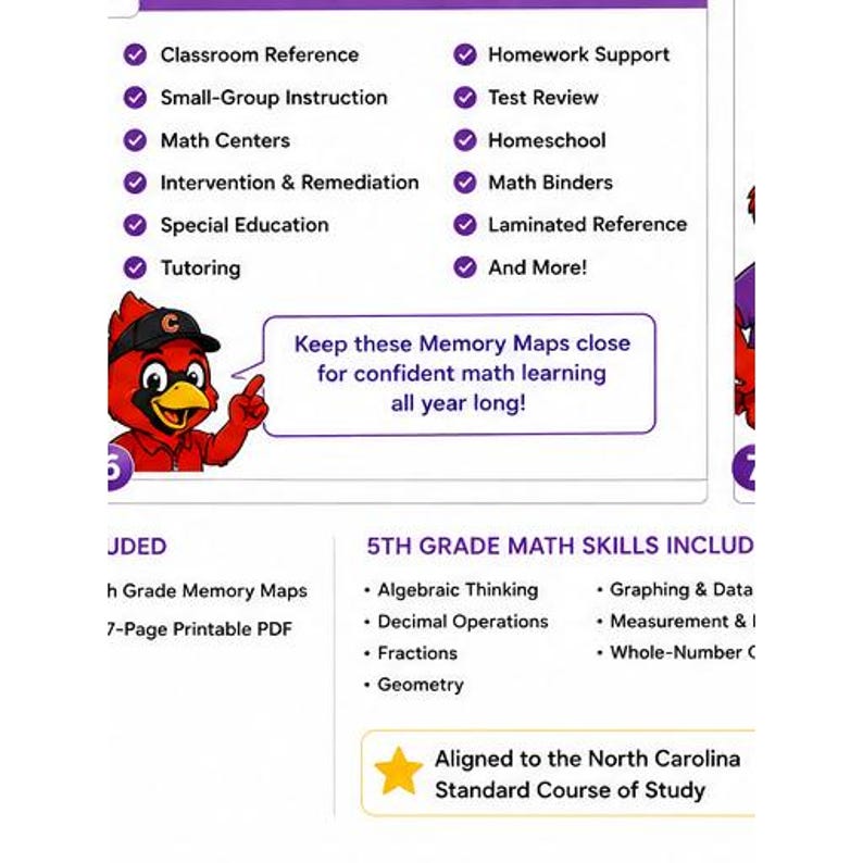 May include: An educational graphic featuring a red cardinal mascot wearing a black cap. The text lists uses like Classroom Reference, Homework Support, and Math Centers. It includes 5th Grade Math Skills such as Algebraic Thinking and Geometry.