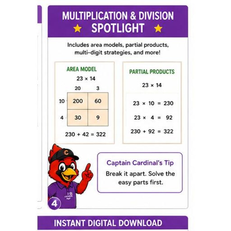 May include: A rectangular educational poster titled Multiplication & Division Spotlight. It features an area model and partial products math example, a cartoon cardinal mascot, and a text box labeled Captain Cardinal's Tip: Break it apart.