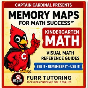 May include: A rectangular educational poster titled Captain Cardinal Presents Memory Maps For Math Success Kindergarten Math. It features a red cardinal character in a black cape, text reading Visual Math Reference Guides, See It Remember It Use It, and Furr Tutoring Tools For Confidence Skills For Life.