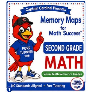 May include: A rectangular educational poster titled Captain Cardinal Presents Memory Maps for Math Success for Second Grade Math. It features a red cardinal mascot wearing a black cap and blue shirt with Furr Tutoring text, pointing upward.