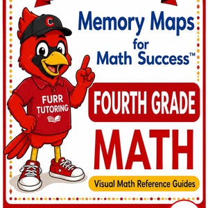 May include: A rectangular educational poster titled Captain Cardinal Presents Memory Maps for Math Success for Fourth Grade Math. It features a red cardinal mascot wearing a black cap, red shirt with Furr Tutoring text, and red sneakers.