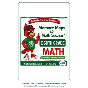 May include: A square educational guide titled Captain Cardinal Presents Memory Maps for Math Success Eighth Grade Math. It features a red cardinal mascot wearing a green shirt and red sneakers, with text indicating NC Standards Aligned and Furr Tutoring.