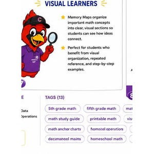 May include: A red cardinal character wearing a black cap and purple shirt holds a magnifying glass next to text titled VISUAL LEARNERS. The text explains Memory Maps for math concepts. Below are tags including 5th grade math and math study guide.