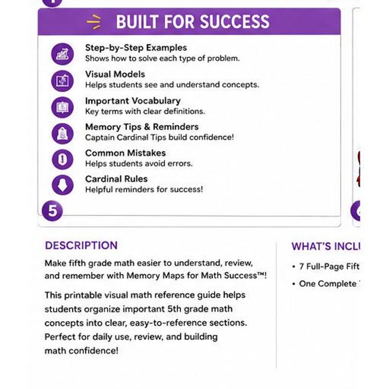 May include: A white educational reference guide titled Built for Success featuring purple headers and icons. It lists features including Step-by-Step Examples, Visual Models, Important Vocabulary, Memory Tips & Reminders, Common Mistakes, and Cardinal Rules for fifth grade math.