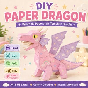 May include: A DIY paper dragon craft featuring a pink body with purple wings, decorated with clouds, stars, and a rainbow. The text reads DIY PAPER DRAGON, Printable Papercraft Template Bundle, Print, Cut, Fold, Play, Color, and A4 & US Letter.