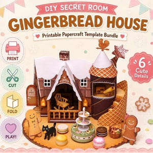 May include: A DIY secret room gingerbread house printable papercraft template bundle featuring a brown house with a white roof, a tower, a rocking chair, a black cat, two gingerbread figures, and various small treats on a circular base.