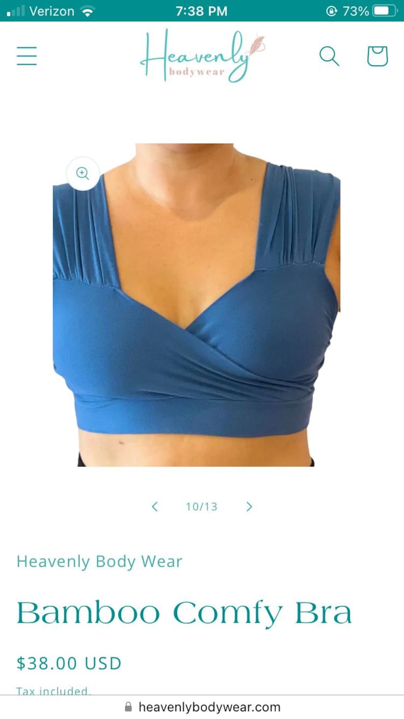 May include: A blue bamboo comfy bra with a criss-cross front and adjustable straps. The bra is made of a soft, breathable fabric and is perfect for everyday wear. Heavenly Body Wear. $38.00 USD. Tax included. heavenlybodywear.com