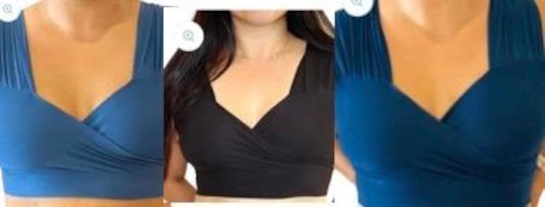 May include: Three women's tops in different colors: a dark blue top, a black top, and a teal top. All three tops have a deep V-neckline and a wrap-style design.
