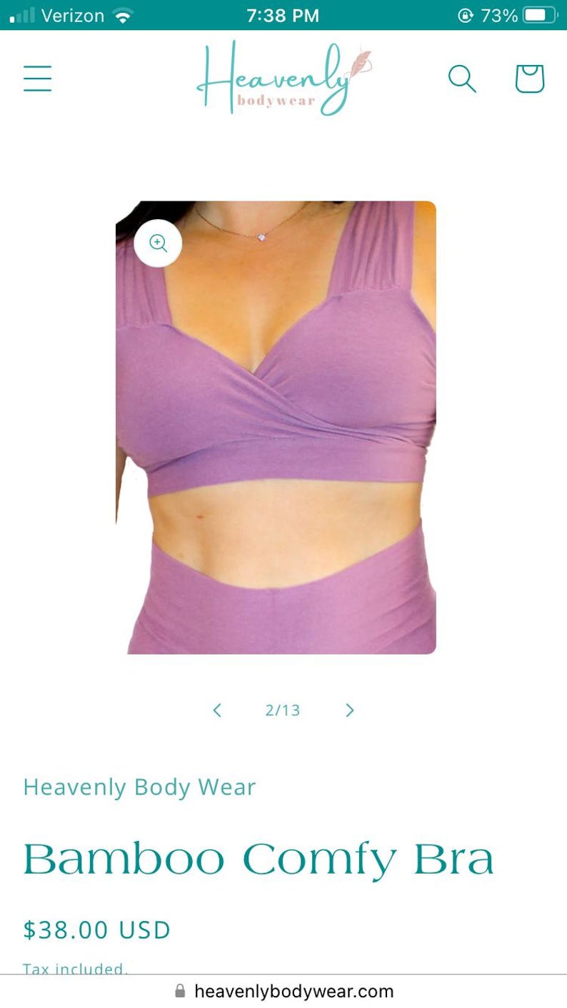May include: A purple bamboo comfy bra with a criss-cross design in the front. The bra is made of a soft, stretchy fabric and is perfect for everyday wear. Heavenly Body Wear Bamboo Comfy Bra $38.00 USD Tax included. heavenlybodywear.com
