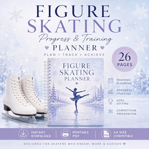 Op de afbeelding: Een spiraalgebonden kunstschaats-voortgangs- en trainingsplanner met een lichtblauwe winterlandschap-omslag, een schaatser, sneeuwvlokken en de tekst "FIGURE SKATING PLANNER". Bevat 26 pagina's voor training, voortgang en doelen.