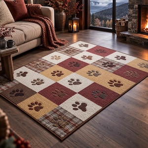 May include: A rectangular area rug featuring a checkered pattern of alternating squares in shades of cream, tan, dark red, and brown plaid. Each square is decorated with a dark brown paw print design, creating a repeating motif across the surface.