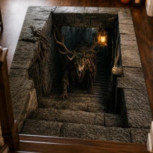 May include: A rectangular floor rug featuring a 3D optical illusion of a dark stone staircase leading into a deep cavern. A creature with large antlers and glowing eyes stands on the stairs, illuminated by a small, warm-toned hanging lantern.