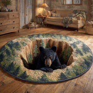 May include: A round area rug featuring a three-dimensional optical illusion of a deep forest canyon with a black bear emerging from the centre. The design includes green pine trees, rocky textures, and a dark, realistic bear figure in the middle.