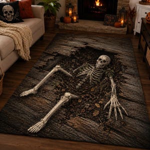 Skeleton Grave Area Rug, Halloween 3D Illusion Rug, Creepy Skull Floor Decor, Gothic Horror Rug, Haunted House Decor, Spooky Printed Rug