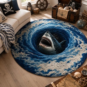 May include: A circular area rug featuring a three-dimensional optical illusion of a deep blue swirling whirlpool with a large shark emerging from the centre. The design displays detailed white and blue ocean waves surrounding the dark vortex.