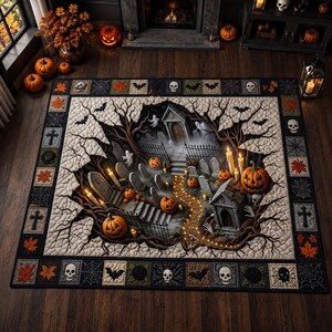 Puede incluir: Una alfombra rectangular que presenta una escena de cementerio en 3D con calabazas talladas, lápidas, velas encendidas y fantasmas. El borde consta de cuadrados alternos que muestran calaveras, murciélagos, telarañas y hojas de otoño en tonos oscuros.