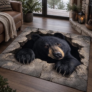 Black Bear Area Rug, 3D Bear Printed Rug, Wildlife Cabin Decor, Rustic Woodland Rug, Bear Lover Gift, Lodge Floor Decor