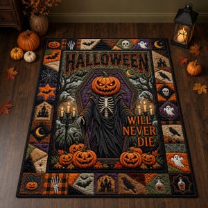 May include: A rectangular area rug featuring a central illustration of a skeleton with a pumpkin head standing in a coffin, surrounded by candles and the text HALLOWEEN WILL NEVER DIE. The border contains patchwork squares with ghosts, bats, and skulls.