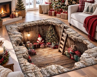 Christmas Gnome Area Rug, 3D Holiday Basement Rug, Santa Gift Room Illusion Rug, Christmas Floor Decor, Festive Winter Home Rug