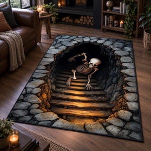 Skeleton Area Rug, 3D Illusion Stairway Rug, Halloween Skeleton Decor, Gothic Dungeon Rug, Spooky Cave Rug, Dark Horror Home Decor