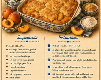 Könnte beinhalten: Eine Rezeptkarte für Pfirsich-Cobbler mit einem zentralen Bild eines gebackenen Cobblers in einer blau gemusterten Form, umgeben von frischen Pfirsichen, einer Mehlvorratsdose und kleinen Schalen mit Zutaten. Der Text listet Zutaten und neun Anweisungen.