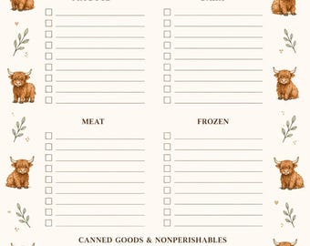 Könnte beinhalten: Ein cremefarbener Einkaufszettel mit der Aufschrift grocery list oben. Die Seite ist in Abschnitte für produce, dairy, meat, frozen und canned goods & nonperishables unterteilt und mit braunen Highland-Rind-Illustrationen verziert.