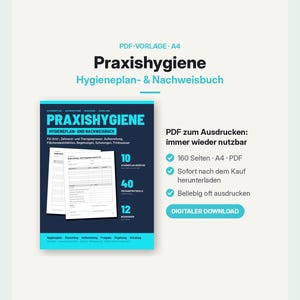 Op de afbeelding: Een digitaal PDF-sjabloon voor een hygiëneplan en logboek voor medische praktijken. De donkerblauwe omslag bevat de cyaan tekst Praxishygiene, Hygieneplan- & Nachweisbuch. Het bevat 160 A4-pagina's om af te drukken met formulieren voor hygiëneprotocollen, trainingen en inspecties.