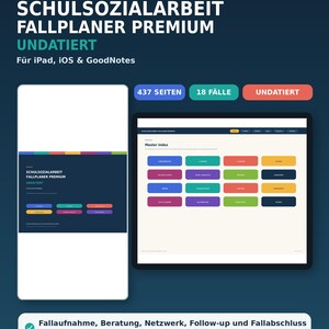 May include: A digital school social work case planner for iPad, iOS, and GoodNotes. The interface features a dark blue background with colorful tabs, a master index with sixteen rectangular buttons, and text including 437 SEITEN, 18 FÄLLE, and UNDATIERT.
