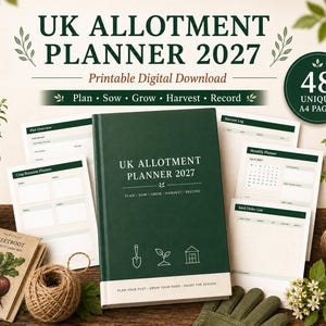 May include: A dark green UK Allotment Planner 2027 book with white text and icons of a shovel, sprout, and greenhouse. The cover reads UK ALLOTMENT PLANNER 2027, PLAN-SOW-GROW-HARVEST-RECORD, and PLAN YOUR PLOT-GROW YOUR FOOD-ENJOY THE SEASON.